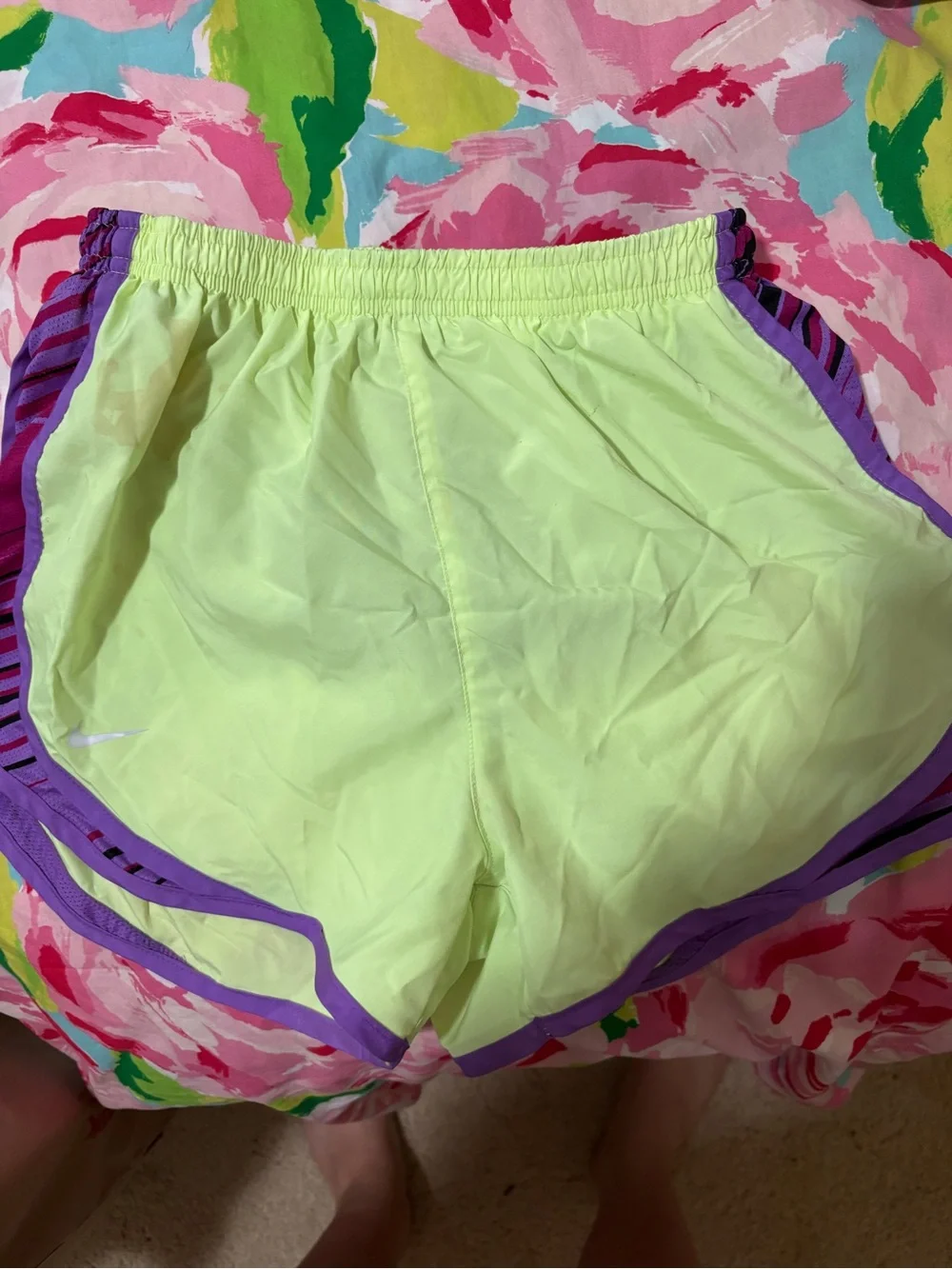 Nike Women’s Neon Yellow Athletic Shorts with Purple Trim